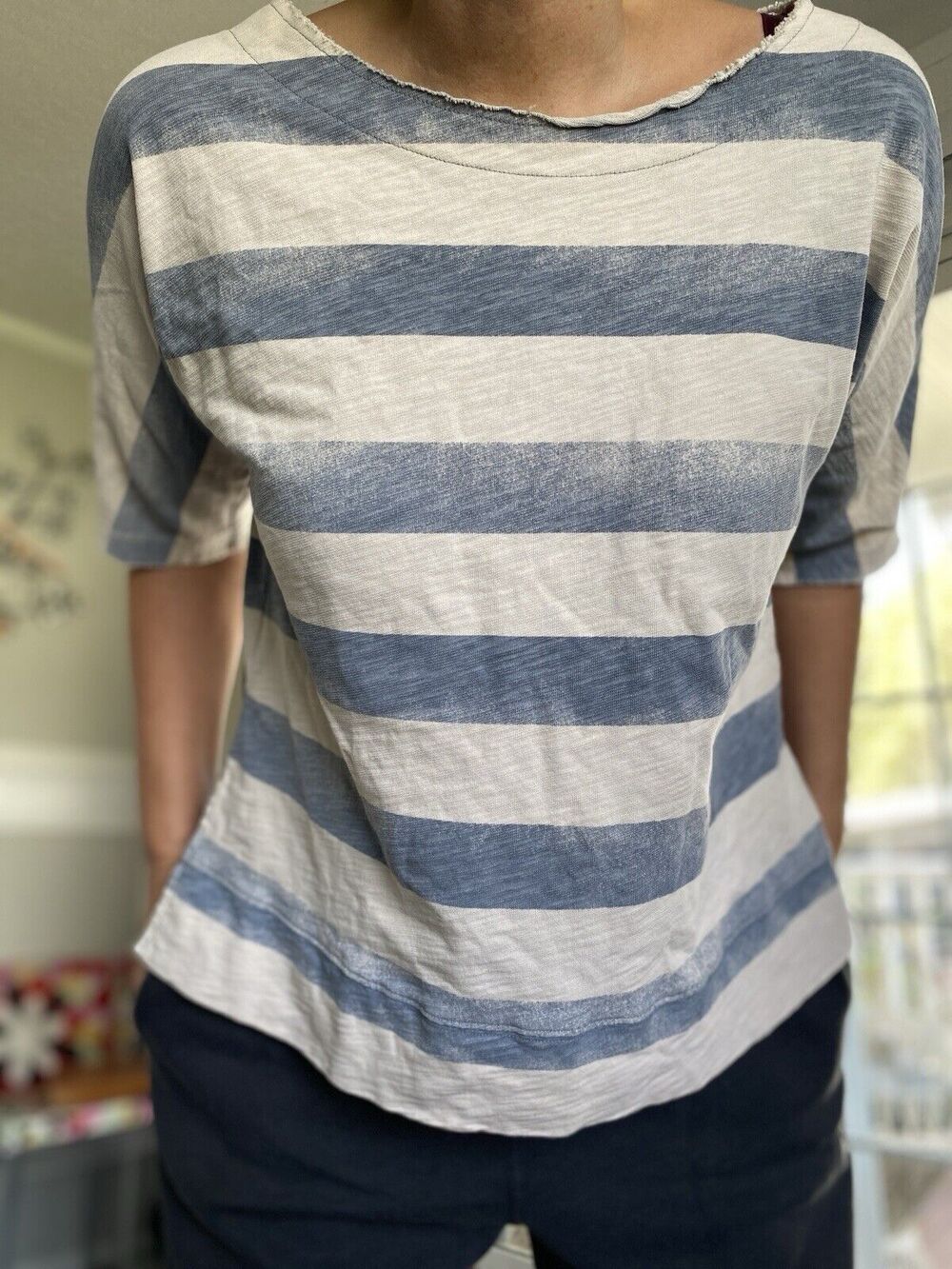 MADEWELL 1937 Womens Cream & Blue Strped Cotton Canvas Shirt L